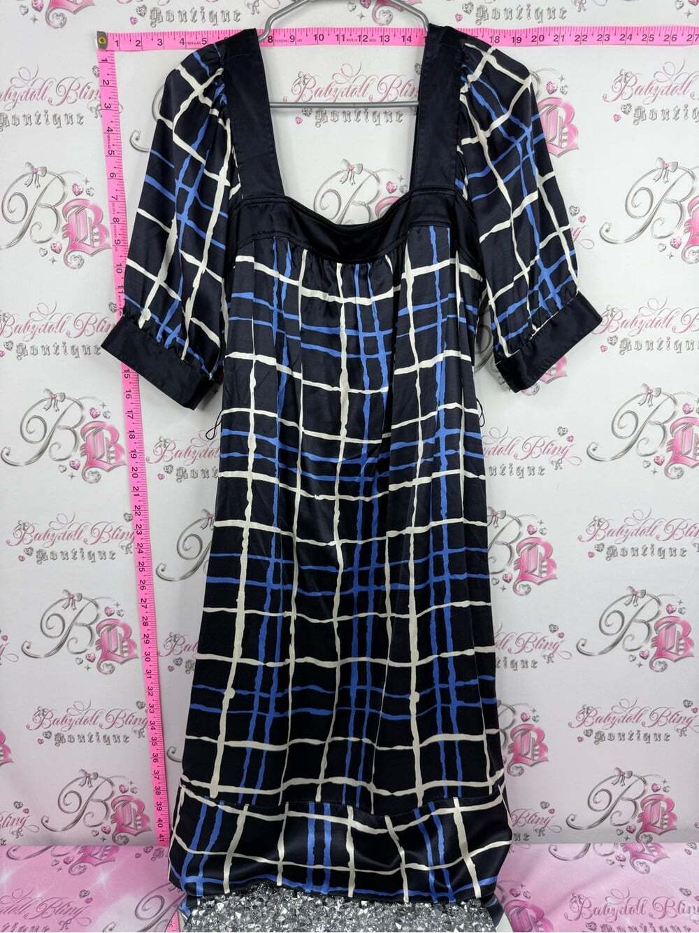 Banana Republic silk & azlon dress Midi Dress with Blue and Cream Windowpane